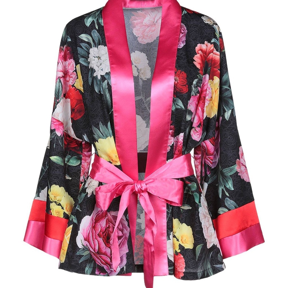 Italian Floral Satin Kimono Robe - Pink and Black